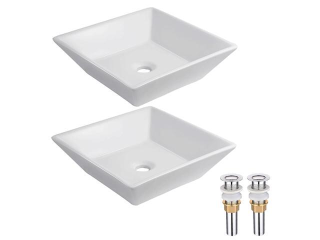 Aquaterior 2 Pcs Square Porcelain Above Counter Sink Bathroom Ceramic Vessel Basin Pop up Drain