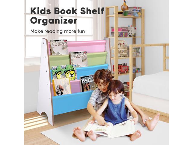 Wood Kids Book Shelf Sling Storage Rack Organizer Bookcase Display Holder White