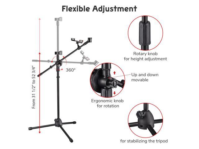 Microphone Boom Arm Stand w/ Dual Mic Clips Adjustable Tripod Phone Mount Holder