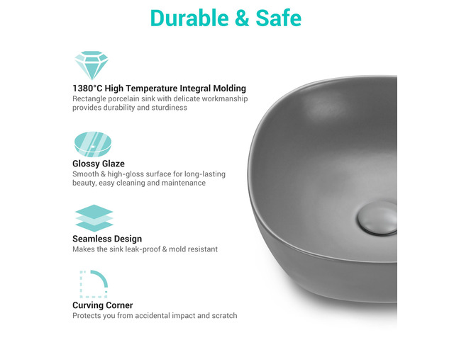 Aquaterior 16' Bathroom Ceramic Vessel Sink Countertop Bowl w/ Pop Up Drain Grey