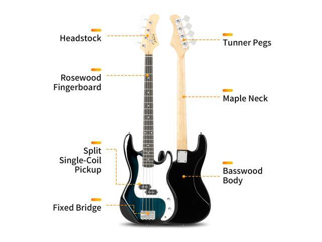 Electric Bass Guitar Full Size Standard Beginner Kit 4 String Cable Strap Carry Bag Blue