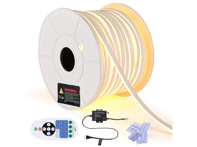 DELight 150FT Warm White Neon Rope Lights with Remote Control AC 110V IP65 Waterproof Cuttable Dimmable Flexible DIY DEL-D150W