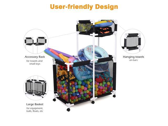 Yescom Extra Large Mesh Pool Storage Bin Toys Holder Rolling 6 Wheels Double Decker Cart Black 2026
