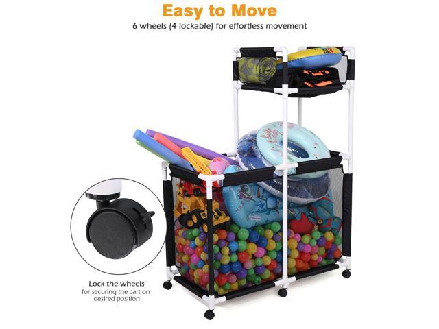 Yescom Extra Large Mesh Pool Storage Bin Toys Holder Rolling 6 Wheels Double Decker Cart Black 2026