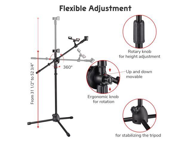 2 Pack Microphone Boom Arm Stand Adjustable Tripod W/ Phone Holder Dual Mic Clip