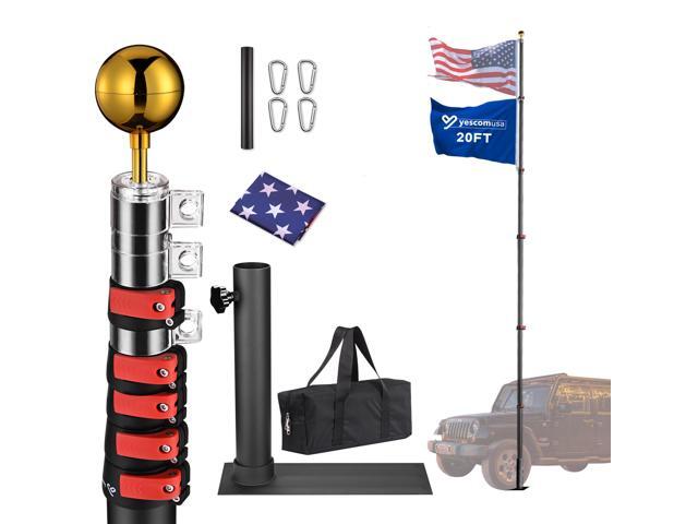 Yescom EZ GO 20ft Telescopic Flag Pole Kit Wheel Tire Mount Stand Upgrade Rotating Lock Outdoor Camper RV Tailgate Black