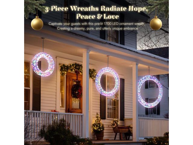 Yescom Pre-Lit 1700 LED Outdoor Lighted Christmas Wreath Decoration, 3-Pack in 1 Holiday Party Decor for Home Yard 2025 Xmas
