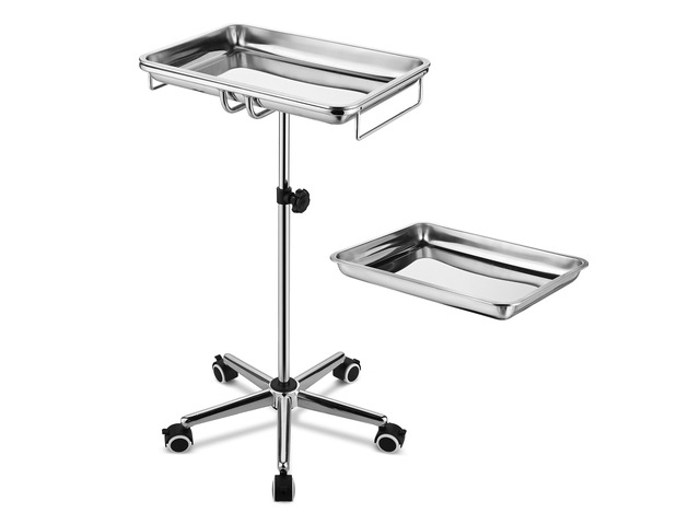 Yescom Mobile Mayo Stand Stainless Steel with Handle 2 Pack Trays on Wheels Adjustable Height for Medical Dental Salon Tattoo Lab
