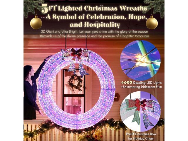 Yescom 60' Pre Lit Halo 4600 LED Christmas Wreath 110V with Bow,5' Giznt Outdoor Garland Window Decor Ornament Mandala Ring