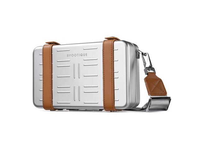 Byootique Mini Suitcase Crossbody Bag Portable Hard Shell Aluminum Cosmetic Makeup Case with Adjustable Strap Travel Handbag for Makeup Artist,Sliver