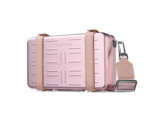 Byootique Mini Suitcase Crossbody Bag Portable Hard Shell Aluminum Cosmetic Makeup Case with Adjustable Strap Travel Handbag for Makeup Artist,Pink