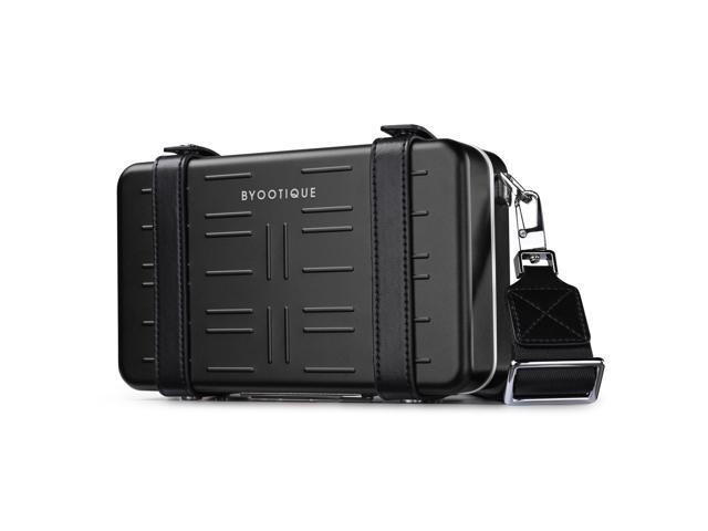 Byootique Mini Suitcase Crossbody Bag Portable Hard Shell Aluminum Cosmetic Makeup Case with Adjustable Strap Travel Handbag for Makeup Artist,Black