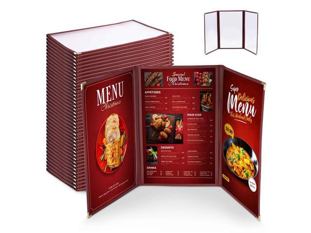 WeChef 30 Packs Menu Covers 8.5 x 14' Triple Fold 6 view double stitch Restaurant Cafe Burgundy