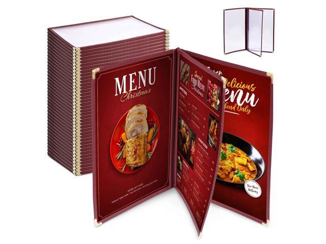 30pc 8.5x14 Menu Cover Trifold 6 View 3 Page Restaurant Cafe Book Clear Burgundy