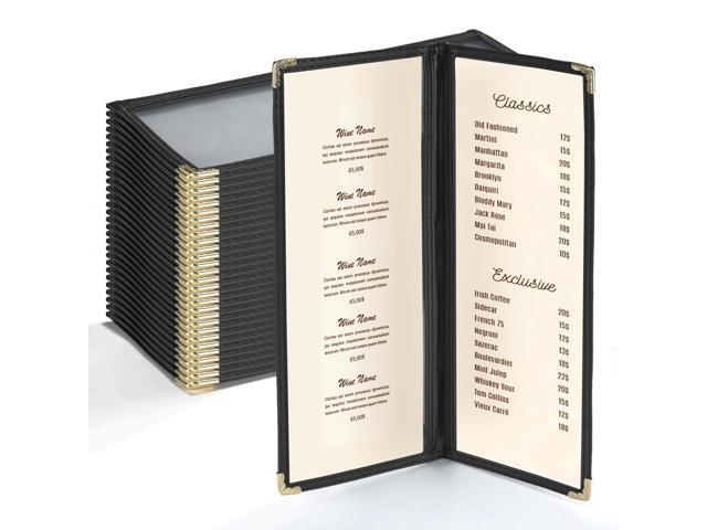 WeChef 30 Packs Restaurant Menu Covers 4.25' x 11' Double Fold 2 Pages 4 Views Black