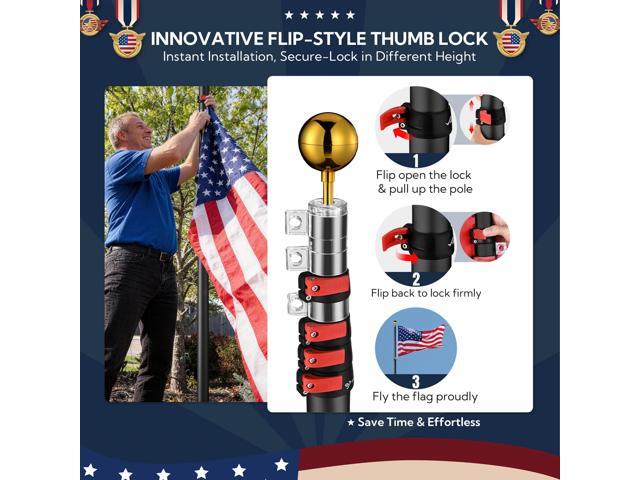 Yescom EZ GO 25ft Telescopic Flag Pole Kit Upgrade Rotating Lock for Outside Inground with 3x5' US Flag Ball Top Black