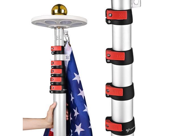 Yescom EZ GO 20ft LED Solar Light Telescoping Flag Pole Kit Upgrade Rotating Lock Outside 3x5' US Flag Ball Top Silver
