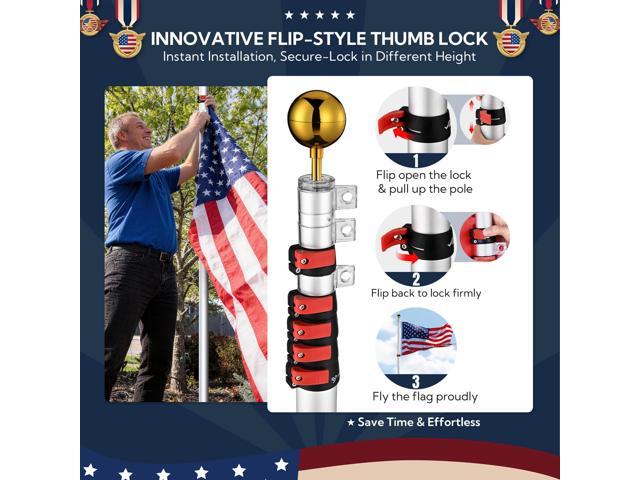 Yescom EZ GO 30ft Telescopic Flag Pole Kit Upgrade Rotating Lock for Outside Inground with 3x5' US Flag Ball Top Silver