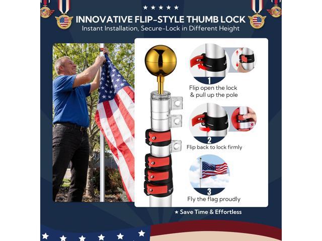 Yescom EZ GO 25ft Telescopic Flag Pole Kit Upgrade Rotating Lock for Outside Inground with 3x5' US Flag Ball Top Silver