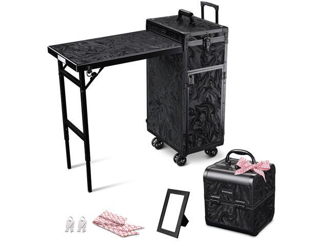 Byootique Rolling Nail Table & Makeup Case Kit Cosmetic Organizer Aluminum Black