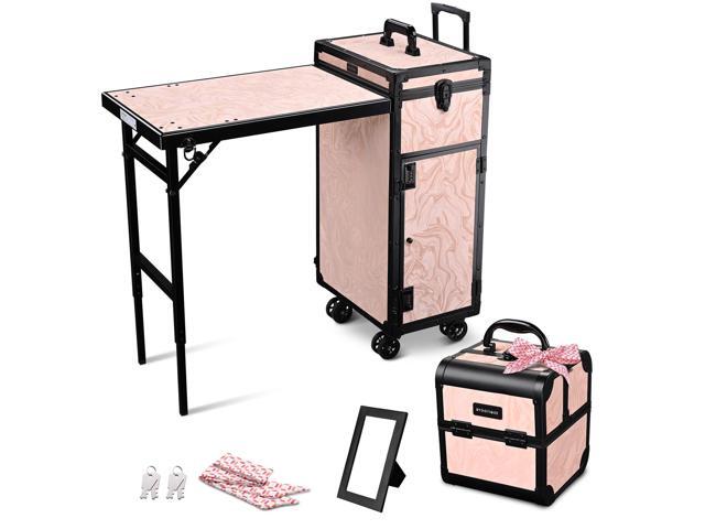 Byootique Rolling Nail Table w/ Makeup Case Cosmetic Organizer Aluminum Pink
