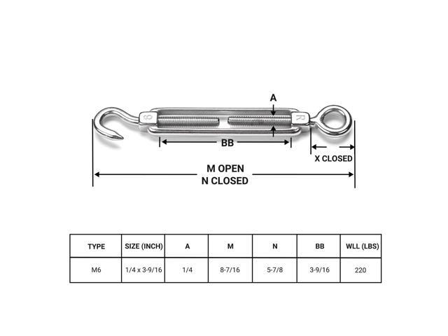 Yescom 8PCS M6 Turnbuckle Hook and Eye 304 Stainless Steel Cable Tensioner