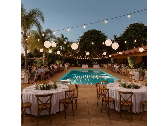 DELight 200Ft Outdoor String Lights with 2PCS 10Ft Light Poles 59 1/12Ft Steel Cable,104 Shatterproof ST38 Bulbs Waterproof Dimmable for Wedding...