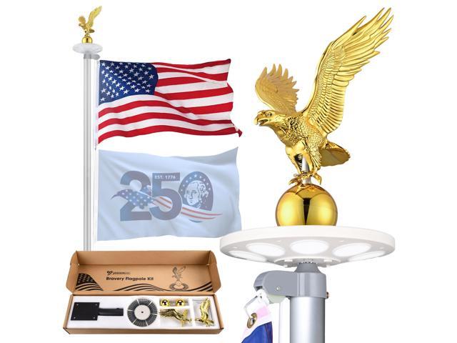 Yescom 20 Ft Sectional Flag Pole Kit with Solar Light & Deck Mount Bravery MEGA Aluminum Inground Flagpole for Outdoor Patio Dock Side Silver