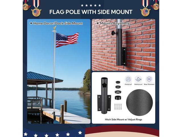 Yescom 20 Ft Sectional Flag Pole Kit with Solar Light & Deck Mount Bravery MEGA Aluminum Inground Flagpole for Outdoor Patio Dock Side Silver