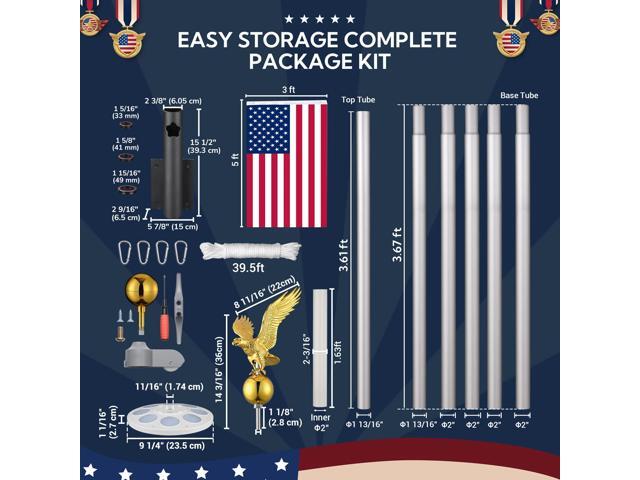 Yescom 20 Ft Sectional Flag Pole Kit with Solar Light & Deck Mount Bravery MEGA Aluminum Inground Flagpole for Outdoor Patio Dock Side Silver