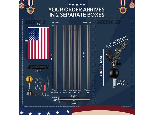 Yescom Bravery 20Ft Eagle Topper Sectional Flag Pole Kit Aluminum Outside Inground Yard Garden with 3'x5' USA Flag Black