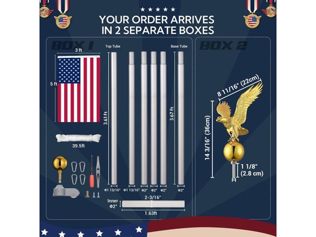 Yescom Bravery 20Ft Eagle Topper Sectional Flag Pole Kit Aluminum Outside Inground Garden with 3'x5' USA Flag Silver