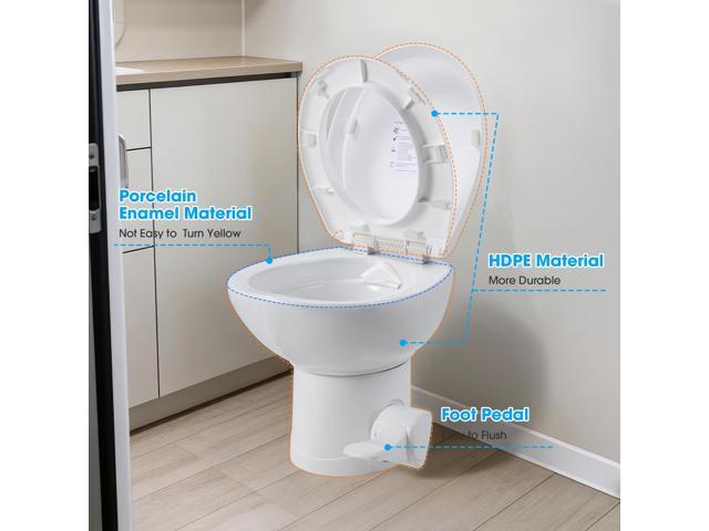 Yescom 15' RV Camper Toilet Low Profile Porcelain Enamel Gravity Flush Bidet Spray Foot Pedal w/ 8' Dia. Floor Flange for Travel Trailer Marine