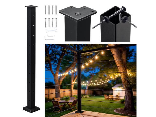 Yescom Black Cable Railing Corner Post 36 inch for Horizontal Deck Railing T-Drilled One-Post Corner Solution Surface Mount Flat Top Deck Post