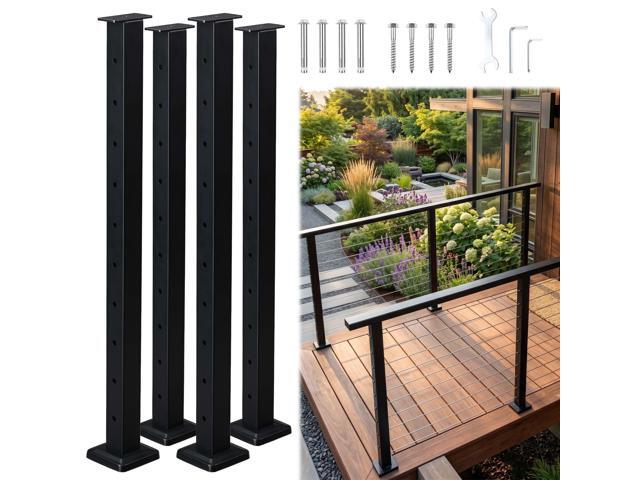 Yescom 4-pack Black Cable Railing Post 36-inch for Horizontal Deck Railing Pre-Drilled Surface Mount Flat Top Easy Install Stainless Steel Deck Post