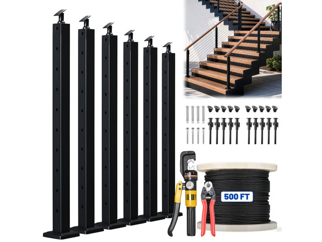 Yescom 36' Black Stair Railing Indoor Outdoor Posts x6 Complete Set with 1/8' Cable Hardware Kit Installation Tools for 15-25ft Staircase