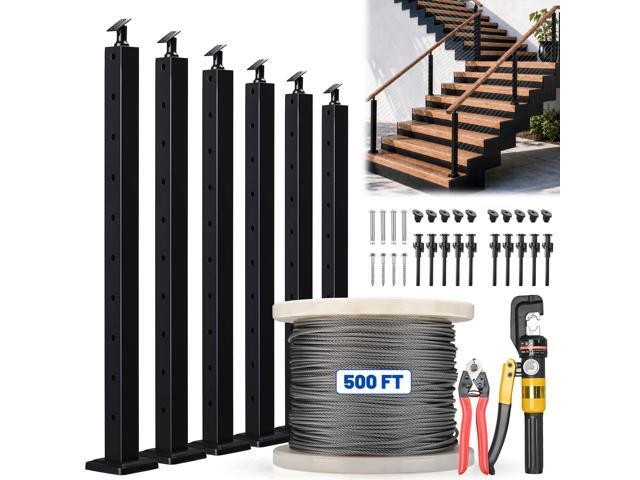 Yescom 36' Stair Railing Indoor Outdoor Posts x6 Complete Set with 1/8' Silver Cable Hardware Kit Installation Tools for 15-25ft Staircase