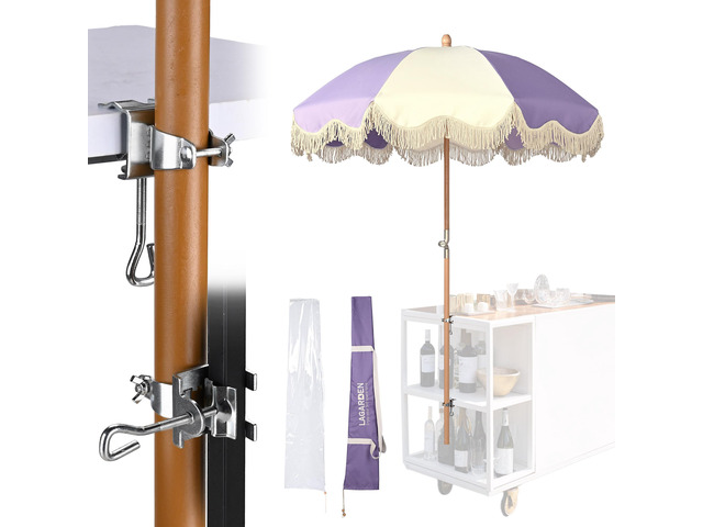 LAGarden 6' Tilt Retro Beech Wood Fringe Umbrella Kit w/ Drill-free Clamp Vertical Horizontal Side Mount for Outdoor Event Wedding Mobile Cart, Purple