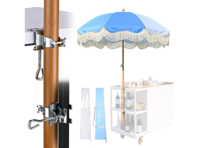 LAGarden 6' Tilt Retro Beech Wood Fringe Umbrella Kit with Drill-free Clamp Vertical Horizontal Side Mount for Outdoor Event Wedding Mobile Cart, Blue