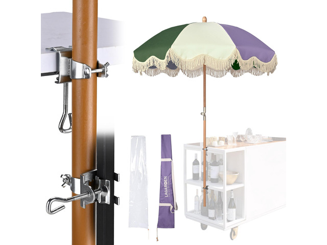 LAGarden 6' Tilt Retro Beech Wood Fringe Umbrella Kit Drill-free Clamp Vertical Horizontal Side Mount Outdoor Event Wedding Mobile Cart, Purple Green