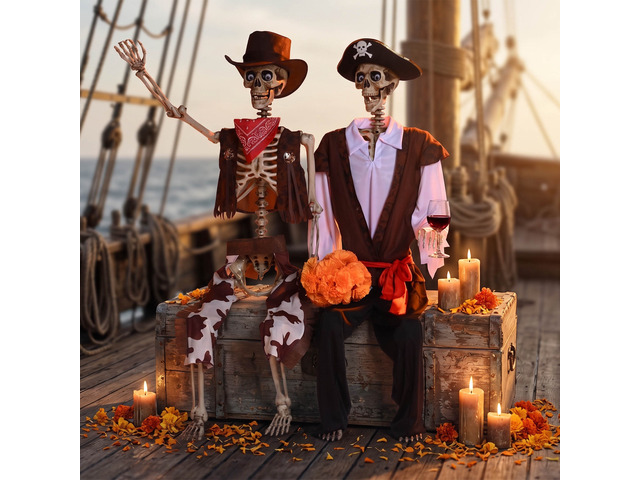 Yescom 2 Pcs Halloween Life Size Skeleton 5.6 Ft Pirate Captain & Cowboy Full Body Bone 2026 Party Decorations