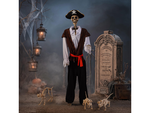 Yescom 5.6 Ft Pirate Captain Skeleton w/ 2 Pcs Dachshund Dog & 1 Pcs Cat Skeleton Props Party Decoration 2026