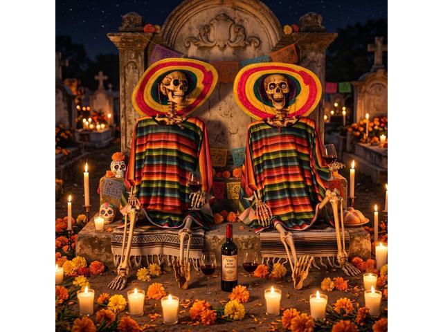 Yescom 2 Pack 5.6ft Life Size Posable Skeleton Halloween Decor w/ Shawl Sombrero