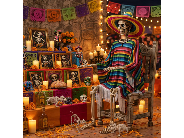 Yescom 5.6FT Day of the Dead Life Size Skeleton w/ Sombrero Dog & Cat Halloween