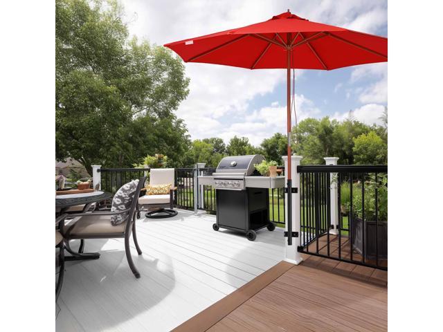 Yescom 9' Solid Wood Patio Umbrella with Heavy Duty Deck No-Drill Mount Kit Bracket & Pulley System for Backyard BBQ Gathering, Classic Red