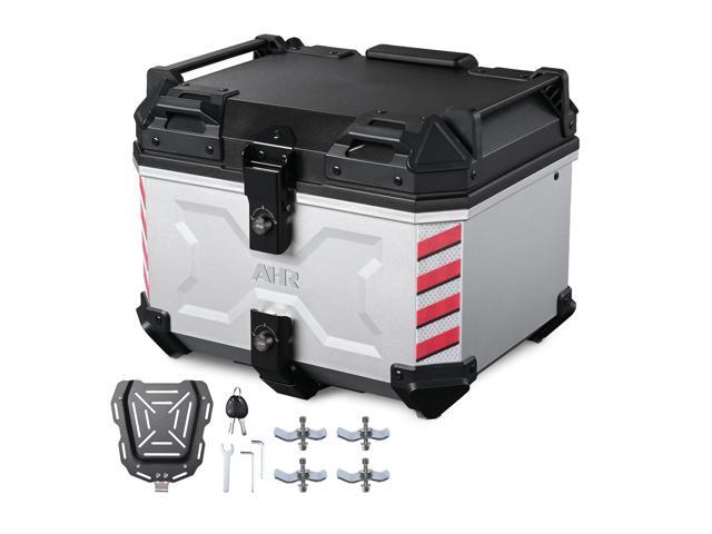 AHR 45L Motorcycle Cargo Box w/ Quick Release Base Motorcycle Tail Box Corner Guards Carry Handles for Touring Daily Commute ABS w/ Silver Coating