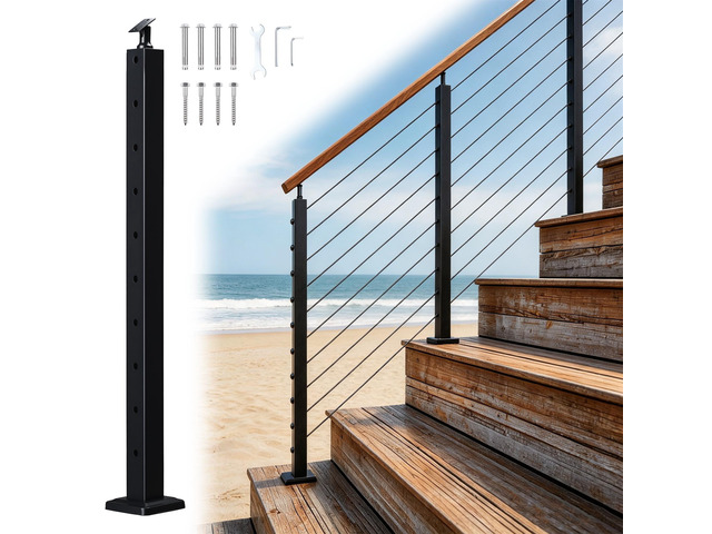 Yescom Black Stair Railing Indoor / Outdoor Stair Post 36 inch for Cable Railing System Pre-Drilled Surface Mount 25-35 Angle Adjustable Top Bracket