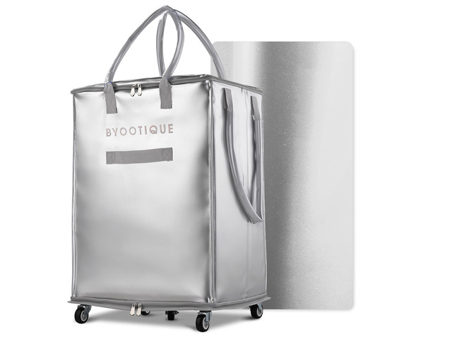 Byootique 145L XLarge Foldable Tote Bag on 5 Wheels 3 Carrying Ways Silver