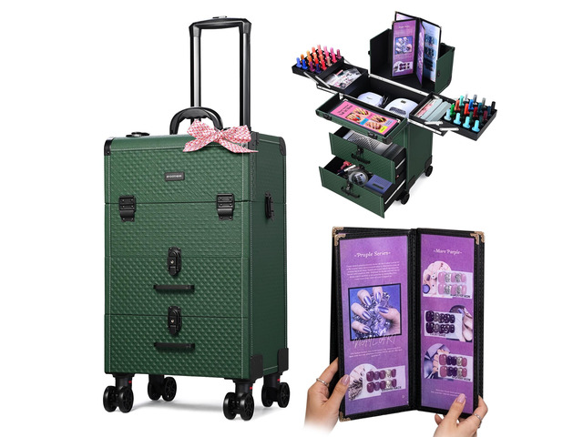 BYOOTIQUE Nail Travel Case with 2 Large Drawers 4 Trays 1 Nail Swatch Cover 360° Detachable Wheels Rolling Nail Case