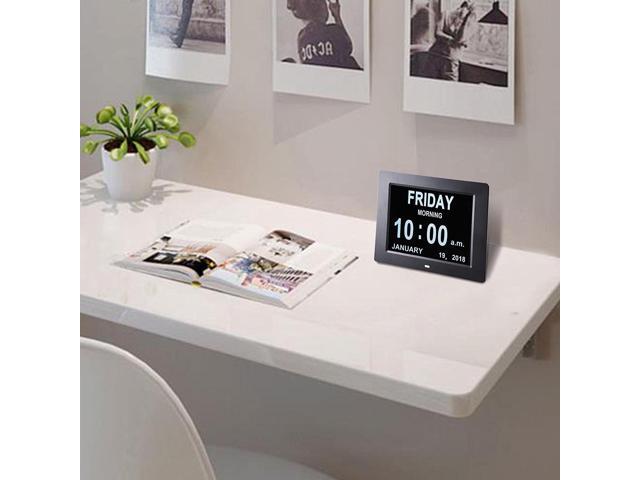 8' Large Digital LCD Day Clock 6 Alarm Options Dimmable Calendar Dementia Home Wall Table Black